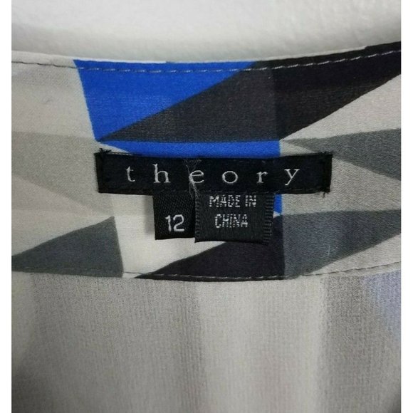 Theory Sz. 12 100% Silk Blue/Grey/White/Black Geometric Pleated Tank Dress - Picture 3 of 8
